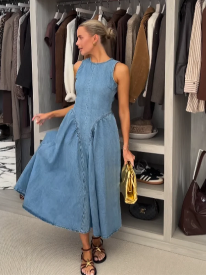 Fashion Solid Long Denim Vestidos Women Sleeveless OffShoulder Lace Up Backless Square Neck Jeans Dresses 2025 Chic Street Wear
