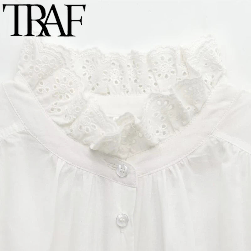 TRAF 2025 Woman Fashion Casual Breathable Hollowed Out Embroidered Top Slim Single Breasted Shirts Spring