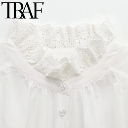TRAF 2025 Woman Fashion Casual Breathable Hollowed Out Embroidered Top Slim Single Breasted Shirts Spring
