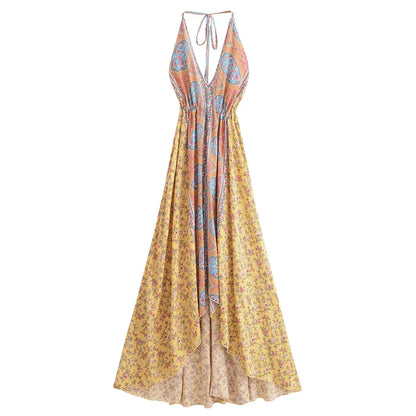 Happie Queens Women Wild Floral Open Back Sexy High-Low Beach Bohemian Dress Lady Tassel Strapless Vacation Summer Boho Dress