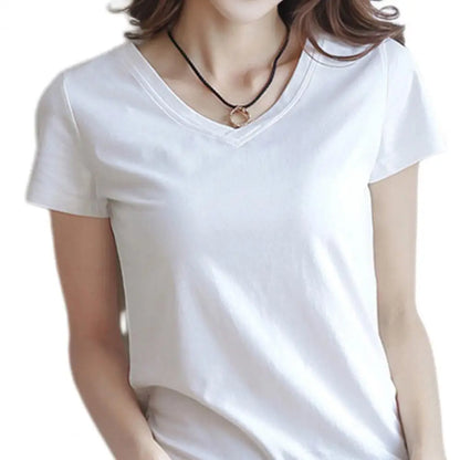 Women T-shirt V-neck Short Sleeve Slim Fit T-shirt Solid Color Pullover Tops Stretchy Bottoming Shirt Women Blouse Streetwear