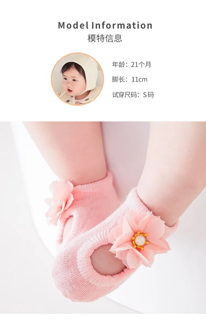 3 Pairs Baby Girl Ankle Socks Lace Bow Infant Anti Slip Socks Newborn Princess Pearl Low Cut Socks Children Home Floor Shoes