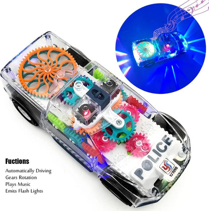 Light Up Transparent Gears Police Car Toy for Kids Bump and Go Toy Car for Boys Girl Educational Baby Toys Car Music LED Effects