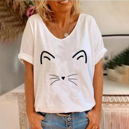 Fashion Woman Blouses 2022 T-shirt Women's 3d Cats Print Black Kawaii V-neck T Shirt Female Clothing Oversized Summer Tops Tees