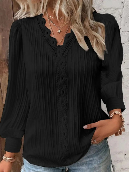 Shop Elegant V-Neck Lace Chiffon Shirt for Women - Stylish Lantern Sleeve Top