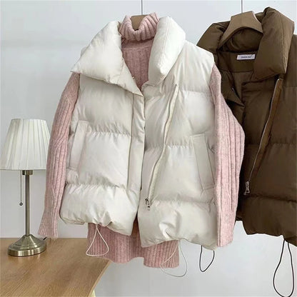 Women Fashion Autumn New 2024 Stand Collar Elegant Down Coats Warm Outerwear Casual Belt Sleeveless Winter Women Vests Jackets