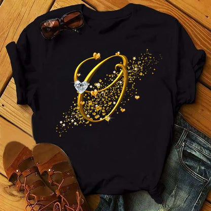 Custom Name Letter Combination Fashion Women T-shirt Diamond Gold Letter Font A B C D E F G Short Sleeve Tops Black T-shirt