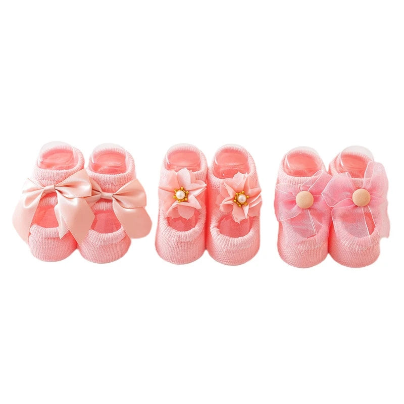3 Pairs Baby Girl Ankle Socks Lace Bow Infant Anti Slip Socks Newborn Princess Pearl Low Cut Socks Children Home Floor Shoes