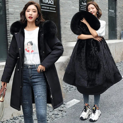 Women Parka Winter Jacket Clothes Long Coat Thick Wool Liner Hooded Jacket Fur Collar Thick Warm Snow Wear Fashion Padded Coat