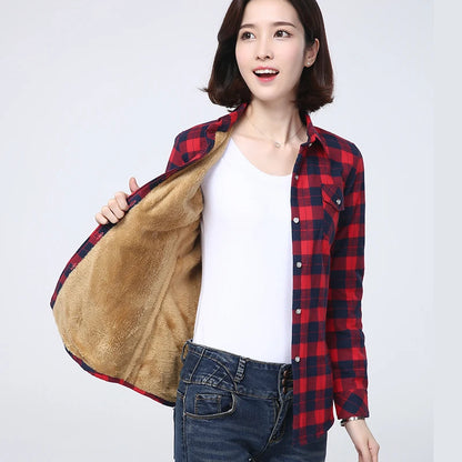 Shop Women's Warm Plaid Shirt Coat - Casual Fleece Velvet Jacket