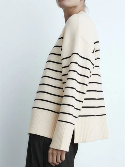 Shop Beige Stripe Baggy Sweater - Women's Long Sleeve Knitted Pullover for Autumn/Winter