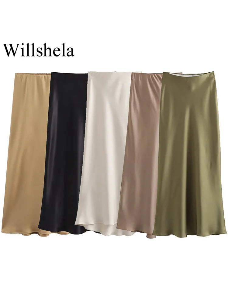 Willshela Women Fashion Satin Solid Pleated Midi Skirt Vintage Mid Elastic Waist Female Chic Lady Skirts