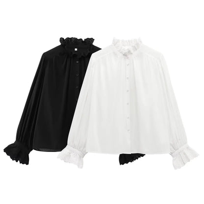 TRAF 2025 Woman Fashion Casual Breathable Hollowed Out Embroidered Top Slim Single Breasted Shirts Spring