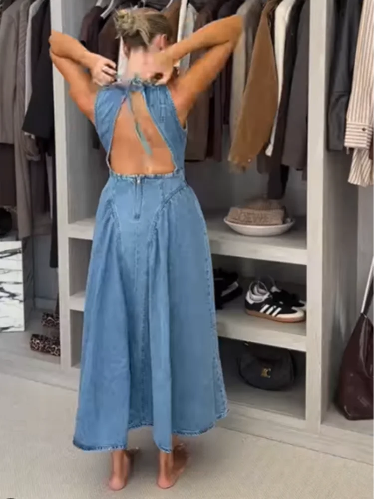 Fashion Solid Long Denim Vestidos Women Sleeveless OffShoulder Lace Up Backless Square Neck Jeans Dresses 2025 Chic Street Wear