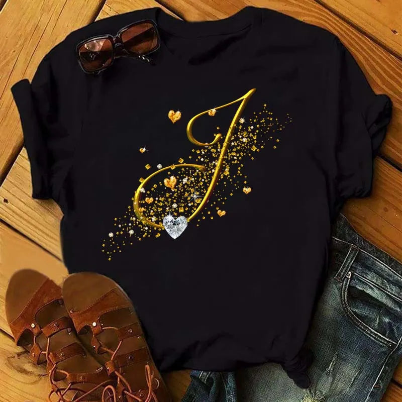 Custom Name Letter Combination Fashion Women T-shirt Diamond Gold Letter Font A B C D E F G Short Sleeve Tops Black T-shirt