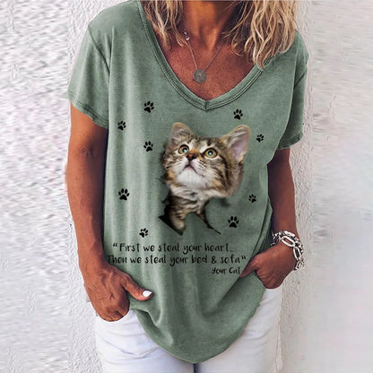 Fashion Woman Blouses 2022 T-shirt Women's 3d Cats Print Black Kawaii V-neck T Shirt Female Clothing Oversized Summer Tops Tees