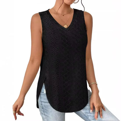 Spring Summer New Pure Color V-neck Slit T-shirt Vest Women Cross-Border Independent Station Sleeveless Polyester Fiber