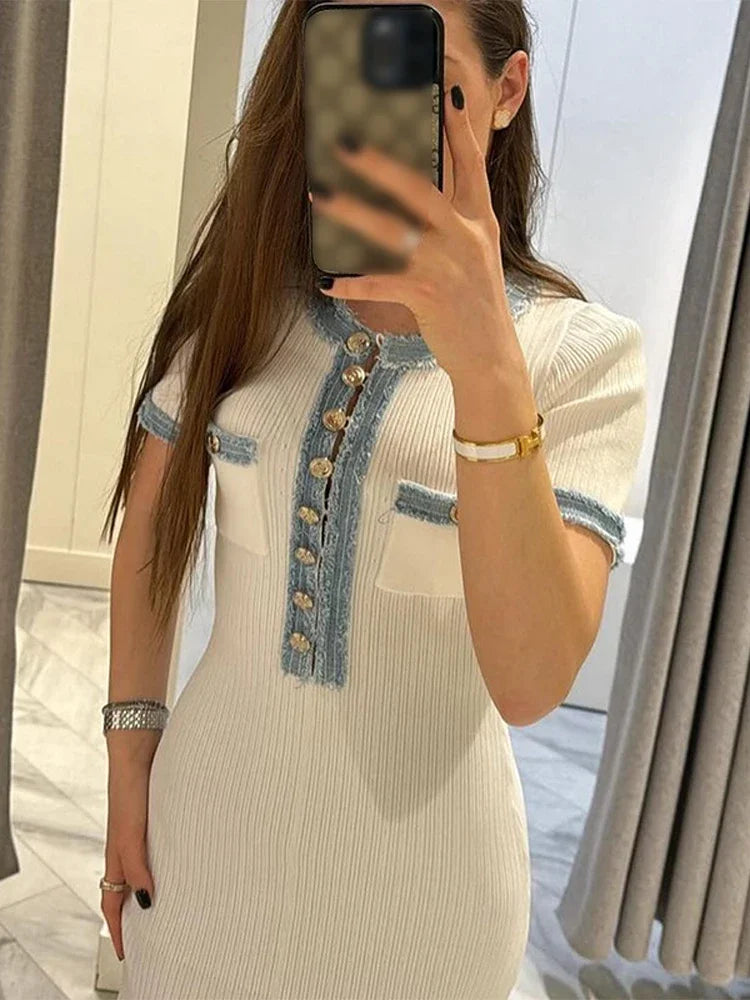 Elegant V Neck Denim Patchwork Knitted Long Dress Women Fashion Short Sleeved Buttons Bodycon Dresses Office Lady Pockets Robes