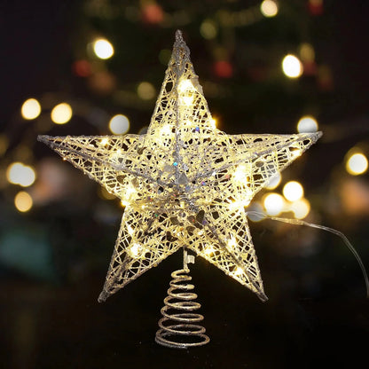 Iron Glitter Christmas Tree Topper Star with LED Copper Wire Lights Merry Christmas Tree Decor for Home Navidad Ornaments