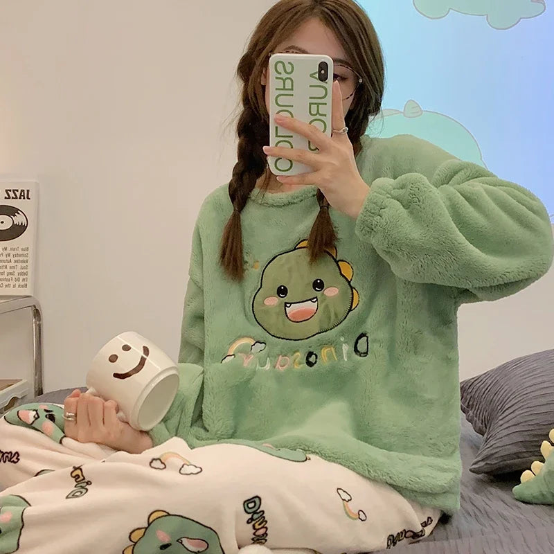 Shop Cozy Dinosaur Print Flannel Sleepwear Set for Women - Long Sleeve & Warm