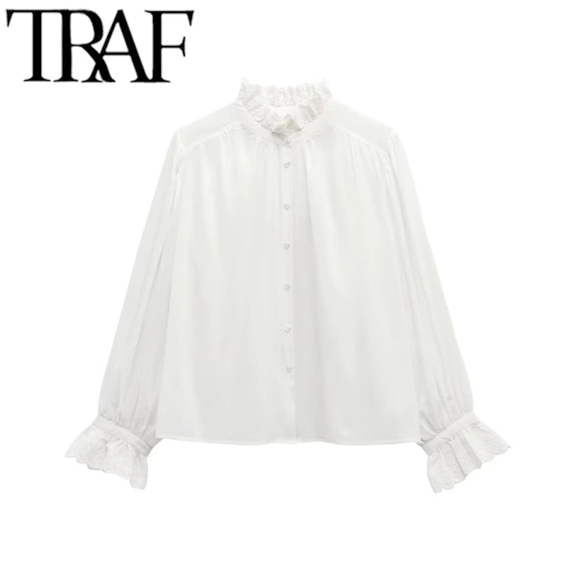 TRAF 2025 Woman Fashion Casual Breathable Hollowed Out Embroidered Top Slim Single Breasted Shirts Spring