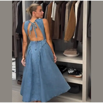 Fashion Solid Long Denim Vestidos Women Sleeveless OffShoulder Lace Up Backless Square Neck Jeans Dresses 2025 Chic Street Wear