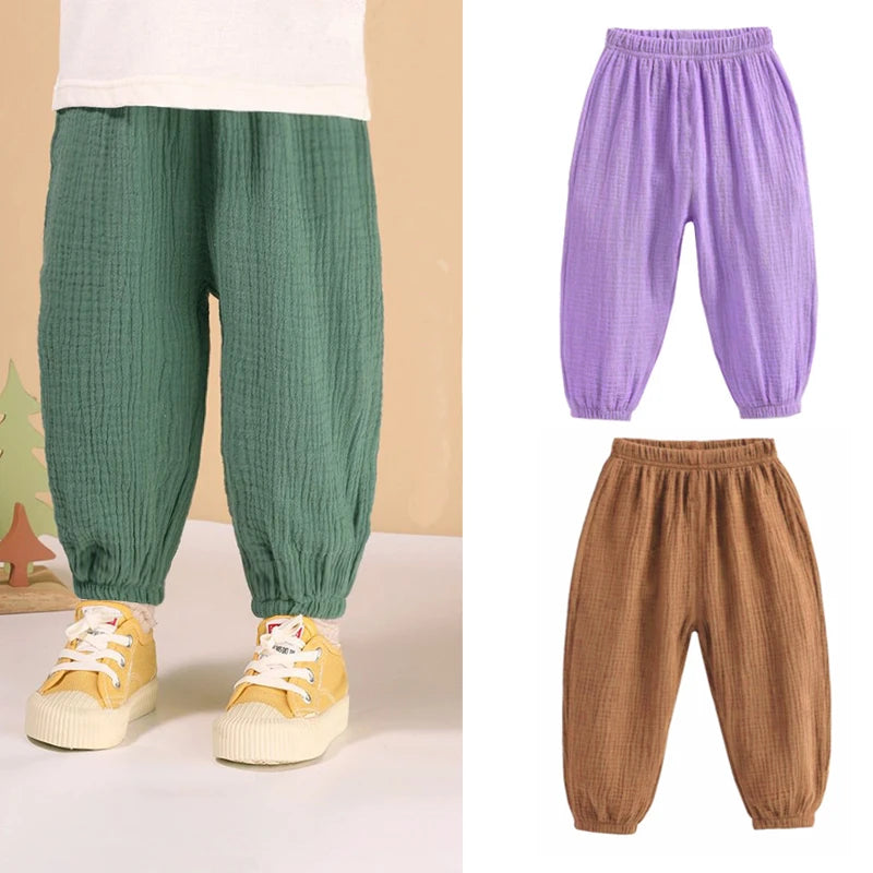 Summer Korea Children Pants Casual Girls Boys Cotton Linen Solid Color Loose Pleated Pant Trousers Girls Hight Waist Harem Pants