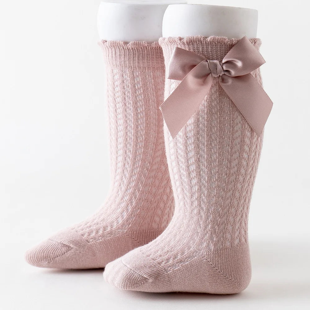 Summer Mesh Baby Girls Socks Cute Big Bows Soft Cotton Elastic White Red Newborn Stockings Knee High Long for Toddler Socks