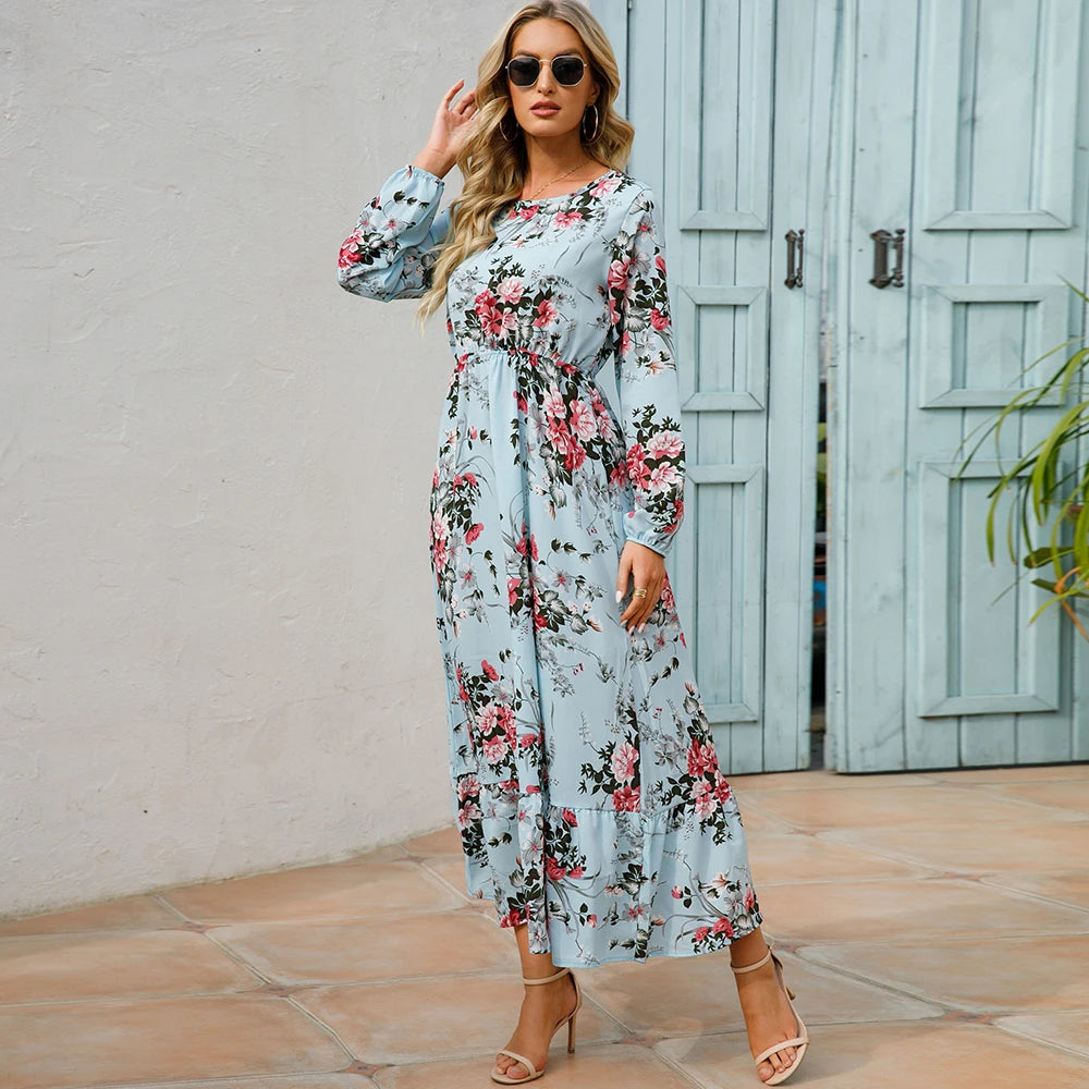 sping Summer Bohemian Women Maxi Dress Casual Long Sleeve High Waist Beach Woman Chiffon Dresses Floral Vestidoes Mujer New