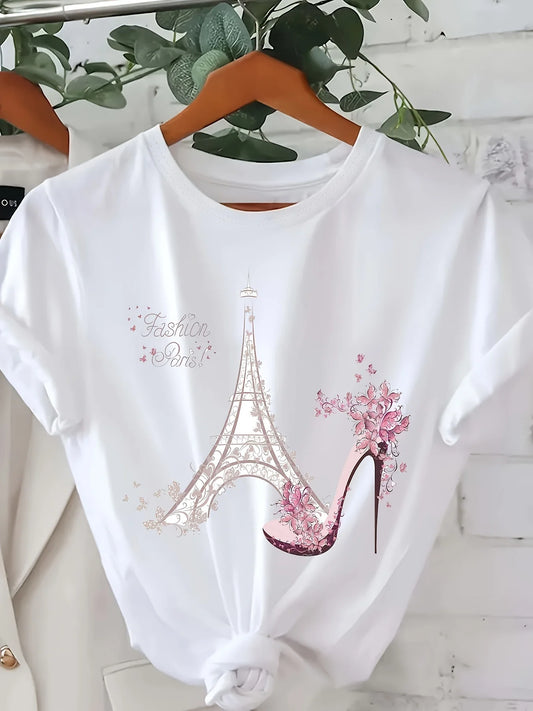 Vibrant Eiffel Tower Graphic Tee Casual Short Sleeve Crew Neck Top for Spring & Summer with Comfortable