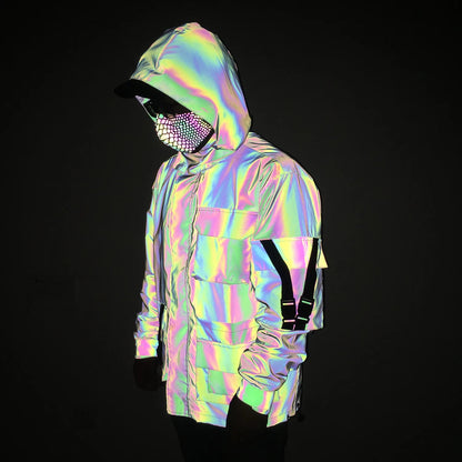 2023 Techwear Hip Hop Colorful Reflective Jacket Mens Ribbons Patchwork Reflect Light In Darkness Hooded Coat Bomber Jacket