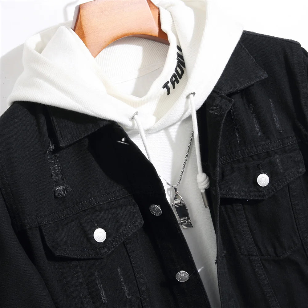 New Men High street Fashion Distressed Slim Denim Jacket High quality Male Simple Black Holes Casual Jacket Coat