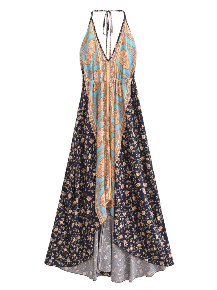 Happie Queens Women Wild Floral Open Back Sexy High-Low Beach Bohemian Dress Lady Tassel Strapless Vacation Summer Boho Dress