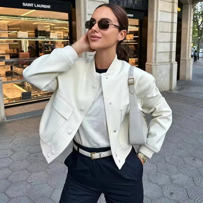 Shop Women's White Bomber Jacket - Cropped, Long Sleeve, Button-Up Outerwear