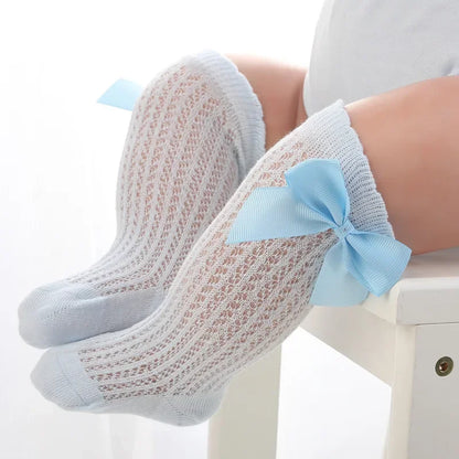 Summer Mesh Baby Girls Socks Cute Big Bows Soft Cotton Elastic White Red Newborn Stockings Knee High Long for Toddler Socks