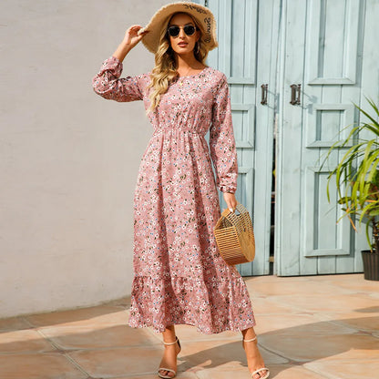 sping Summer Bohemian Women Maxi Dress Casual Long Sleeve High Waist Beach Woman Chiffon Dresses Floral Vestidoes Mujer New