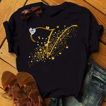 Custom Name Letter Combination Fashion Women T-shirt Diamond Gold Letter Font A B C D E F G Short Sleeve Tops Black T-shirt