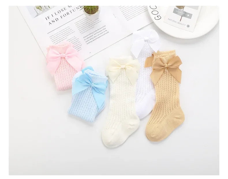 Summer Mesh Baby Girls Socks Cute Big Bows Soft Cotton Elastic White Red Newborn Stockings Knee High Long for Toddler Socks
