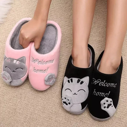 Women Winter Warm Slippers Cartoon Cat Shoes Furry Plush Slides Round Toe Flats