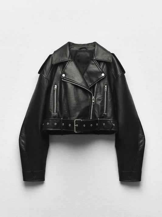 Shop Women's Faux Leather Biker Jacket with Belt - Spring/Autumn