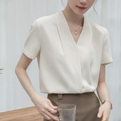 2025 Fashion Summer Short Sleeve V-Neck Women Blouse White Blouse Shirt Women Tops Blouses Shirts Blusas Para Mujer Camisas XL86