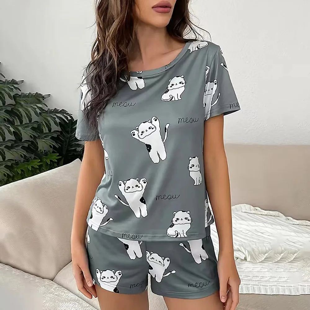 Women Pajamas Sleepwear Pajama Set Nightgowns Short Sleeve And Shorts Suit S M L Gray Cartoon Kitten Print Casual Comfortable