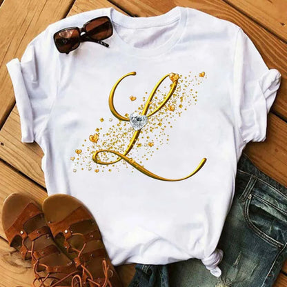 Custom Name Letter Combination Fashion Women T-shirt Diamond Gold Letter Font A B C D E F G Short Sleeve Tops Black T-shirt