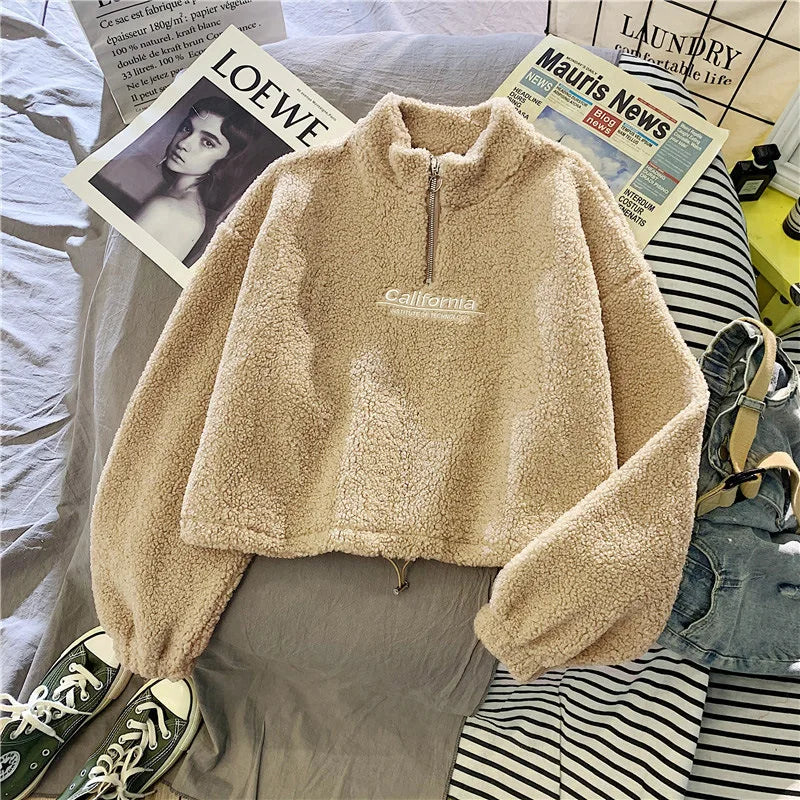 Shop Women's Fleece Cropped Hoodie - Embroidered Stand Neck Sweatshirt