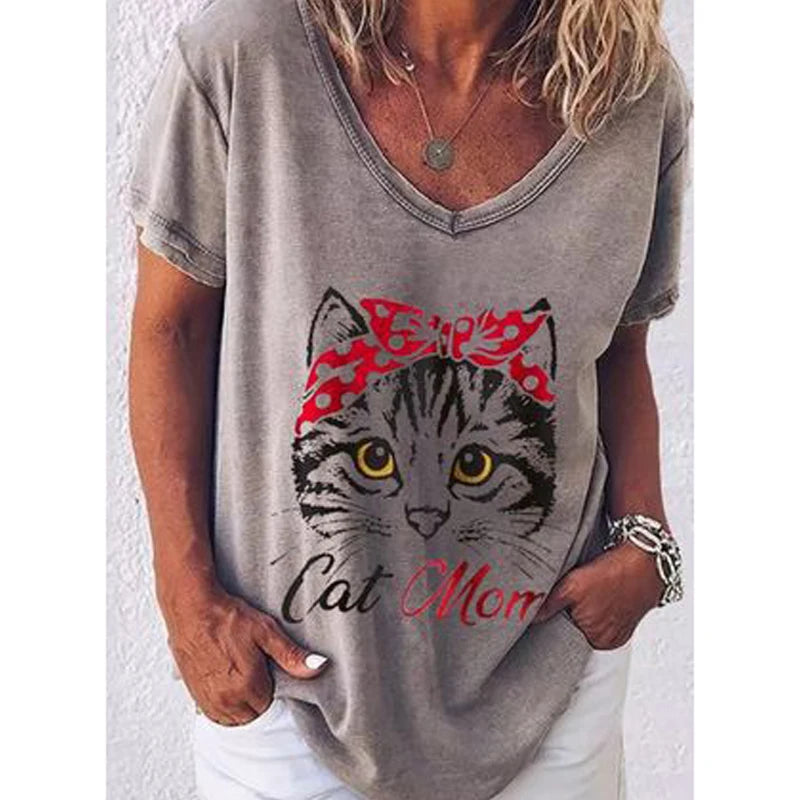 Fashion Woman Blouses 2022 T-shirt Women's 3d Cats Print Black Kawaii V-neck T Shirt Female Clothing Oversized Summer Tops Tees