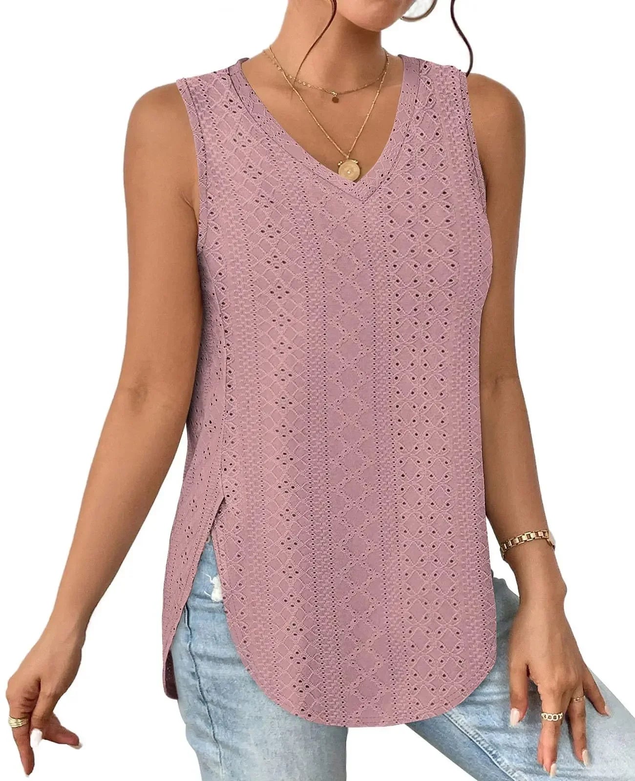 Spring Summer New Pure Color V-neck Slit T-shirt Vest Women Cross-Border Independent Station Sleeveless Polyester Fiber