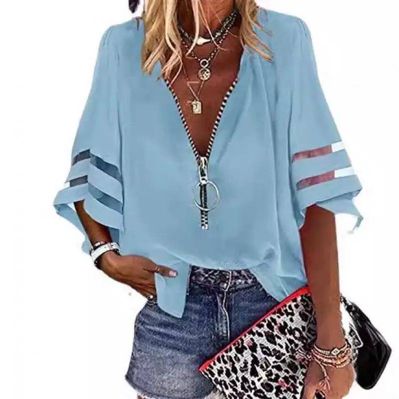 Women's Casual Loose V-neck Half-flat Sleeve Blouse 2025 Spring Summer Tops Streetwear Ladies Spliced zipper Solid Shirts