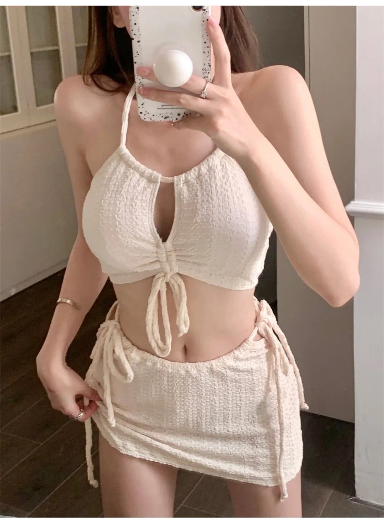Fashion Sexy Ribbed Halter Bikinis Set Three Pieces Sets Drawstring Tie Swimsuit with Mini Skirt Swimwear Beach Wear