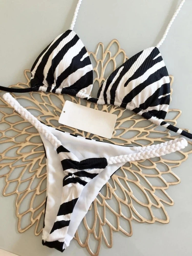 Shop High Waist Zebra Print Thong Bikini Set - Brazilian Swimwear for Women