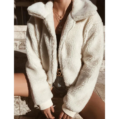 Shop Women's Teddy Fleece Hoodie - Casual Zipper Lapel Coat